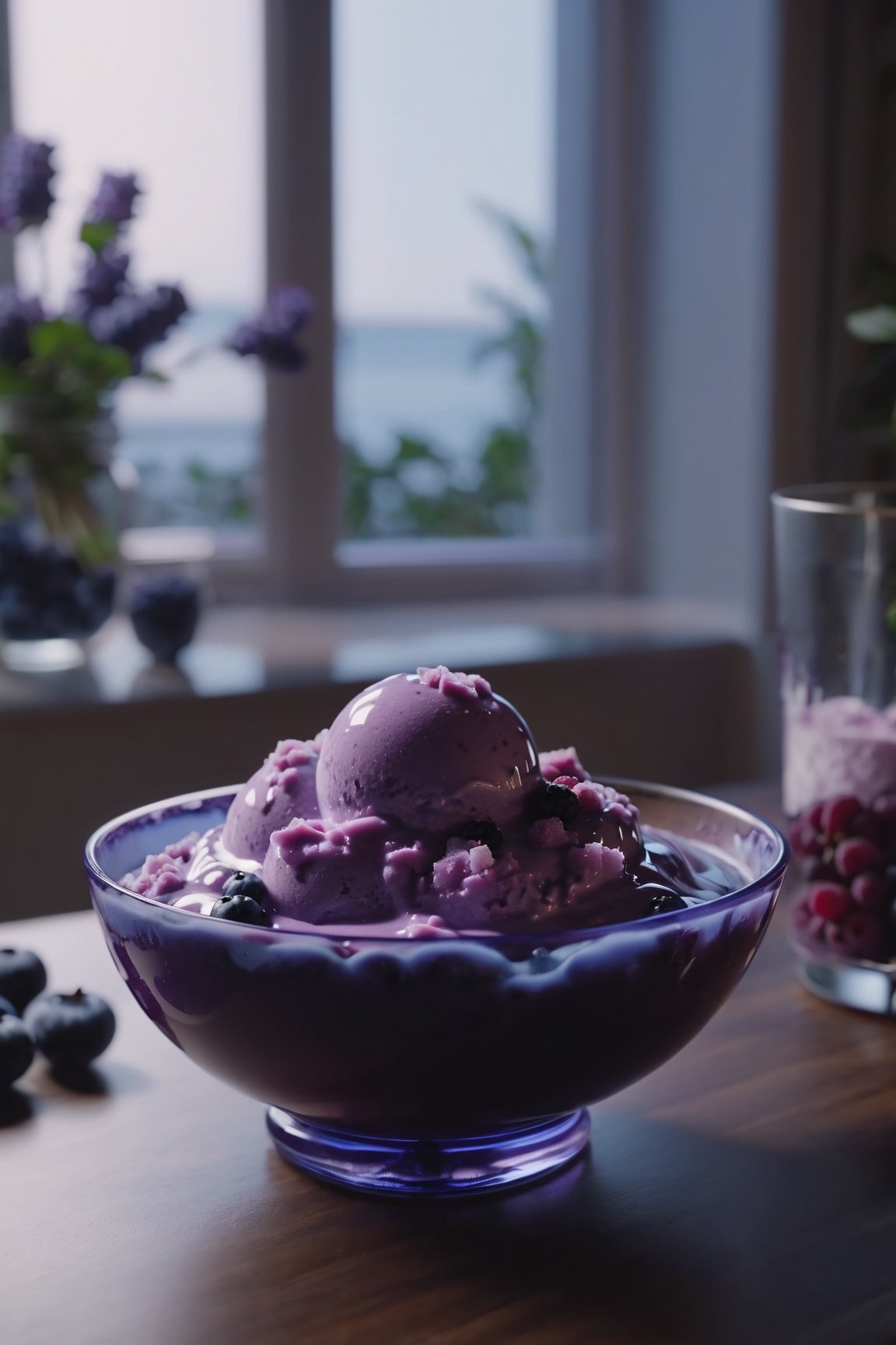 Delicious bowl of blueberry ice cream on a dining table in the kitchen, comfortable light ,romantic light, ultra details ,photorealistic, realistic ,gel lighting, Cinematic, Filmic, medium shot, 4k, Front-light, Cinematic Lighting, volumetric Light, Ray Tracing Reflections, Chromatic Aberration, photography, hyper realistic, 4k, 8k,closeup , 
