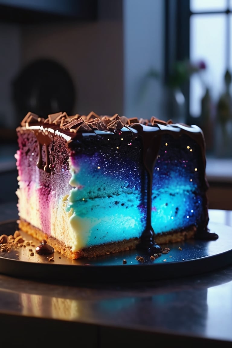 Delicious glowing galaxy cake on a dining table in the kitchen, comfortable light ,romantic light, ultra details ,photorealistic, realistic ,gel lighting, Cinematic, Filmic, medium shot, 4k, Front-light, Cinematic Lighting, volumetric Light, Ray Tracing Reflections, Chromatic Aberration, photography, hyper realistic, 4k, 8k,closeup
