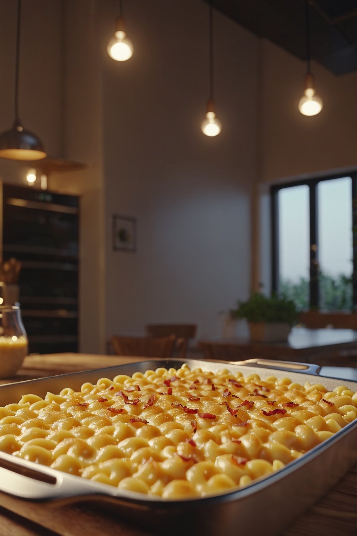 Delicious giant pan of mac and cheese with bacon on a dining table in the kitchen, comfortable light ,romantic light, ultra details ,photorealistic, realistic ,gel lighting, Cinematic, Filmic, medium shot, 4k, Front-light, Cinematic Lighting, volumetric Light, Ray Tracing Reflections, Chromatic Aberration, photography, hyper realistic, 4k, 8k,closeup , 
