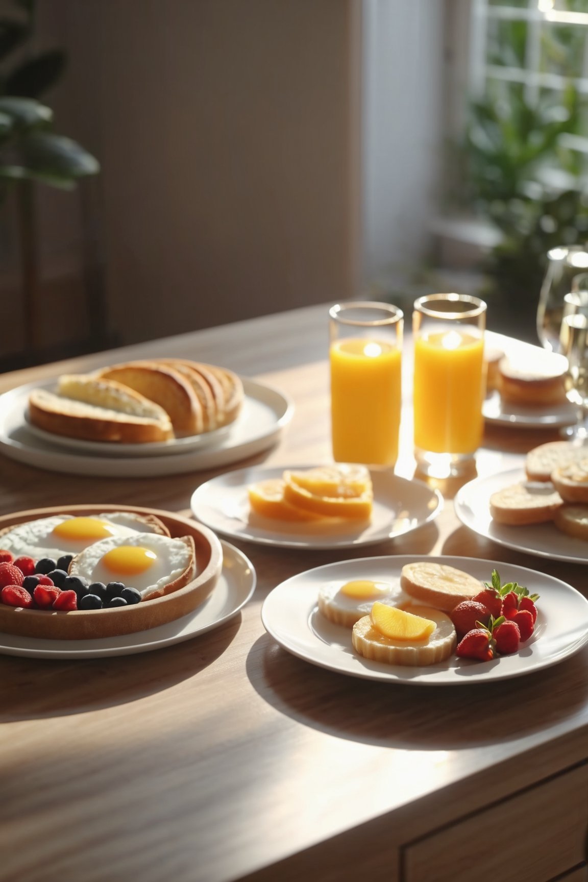 Delicious plate of breakfast platter on a dining table in the kitchen, comfortable light ,romantic light, ultra details ,photorealistic, realistic ,gel lighting, Cinematic, Filmic, medium shot, 4k, Front-light, Cinematic Lighting, volumetric Light, Ray Tracing Reflections, Chromatic Aberration, photography, hyper realistic, 4k, 8k,closeup , 
