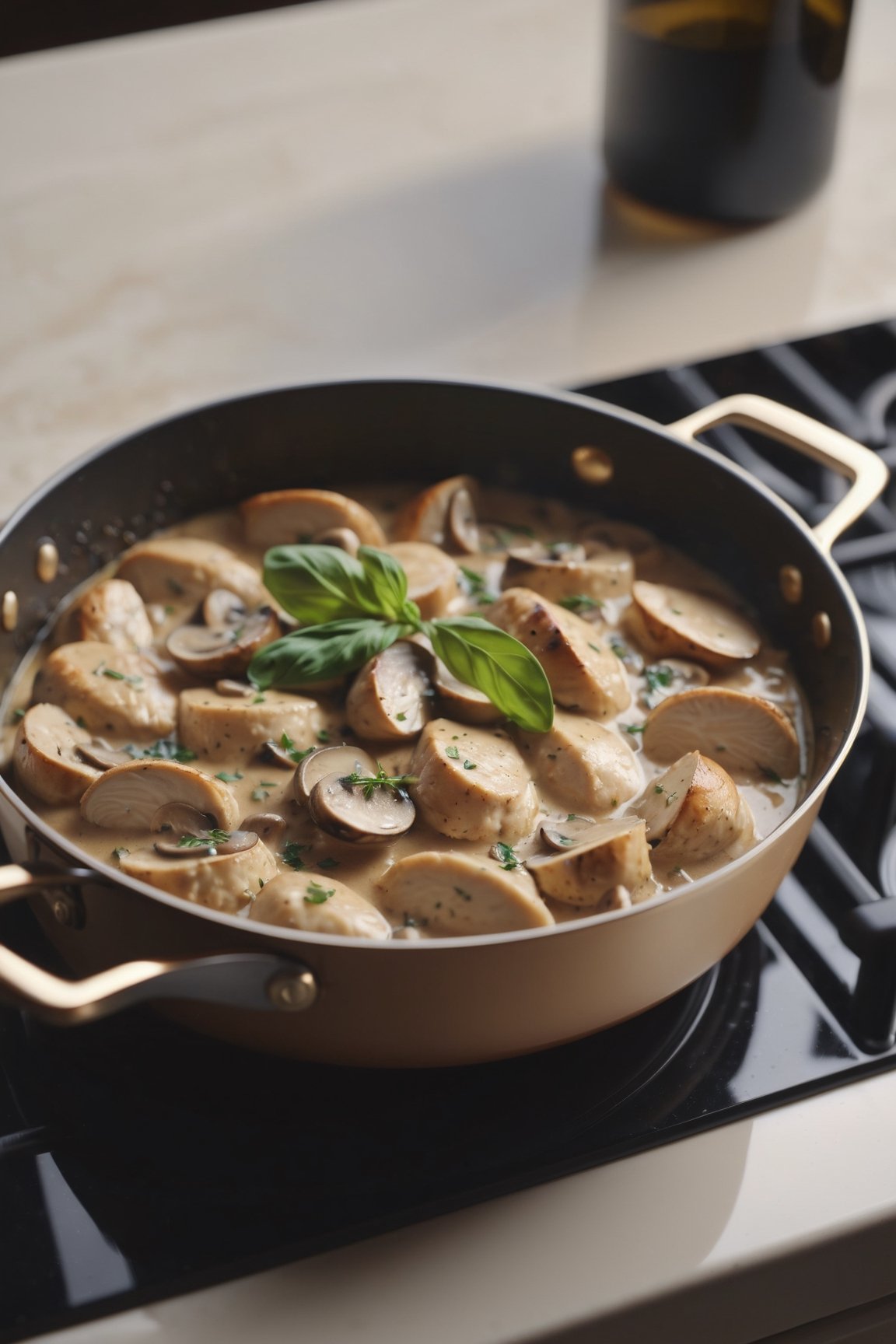 Delicious pan of creamy chicken marsala with mushrooms on a dining table in the kitchen, comfortable light ,romantic light, ultra details ,photorealistic, realistic ,gel lighting, Cinematic, Filmic, medium shot, 4k, Front-light, Cinematic Lighting, volumetric Light, Ray Tracing Reflections, Chromatic Aberration, photography, hyper realistic, 4k, 8k,closeup 
