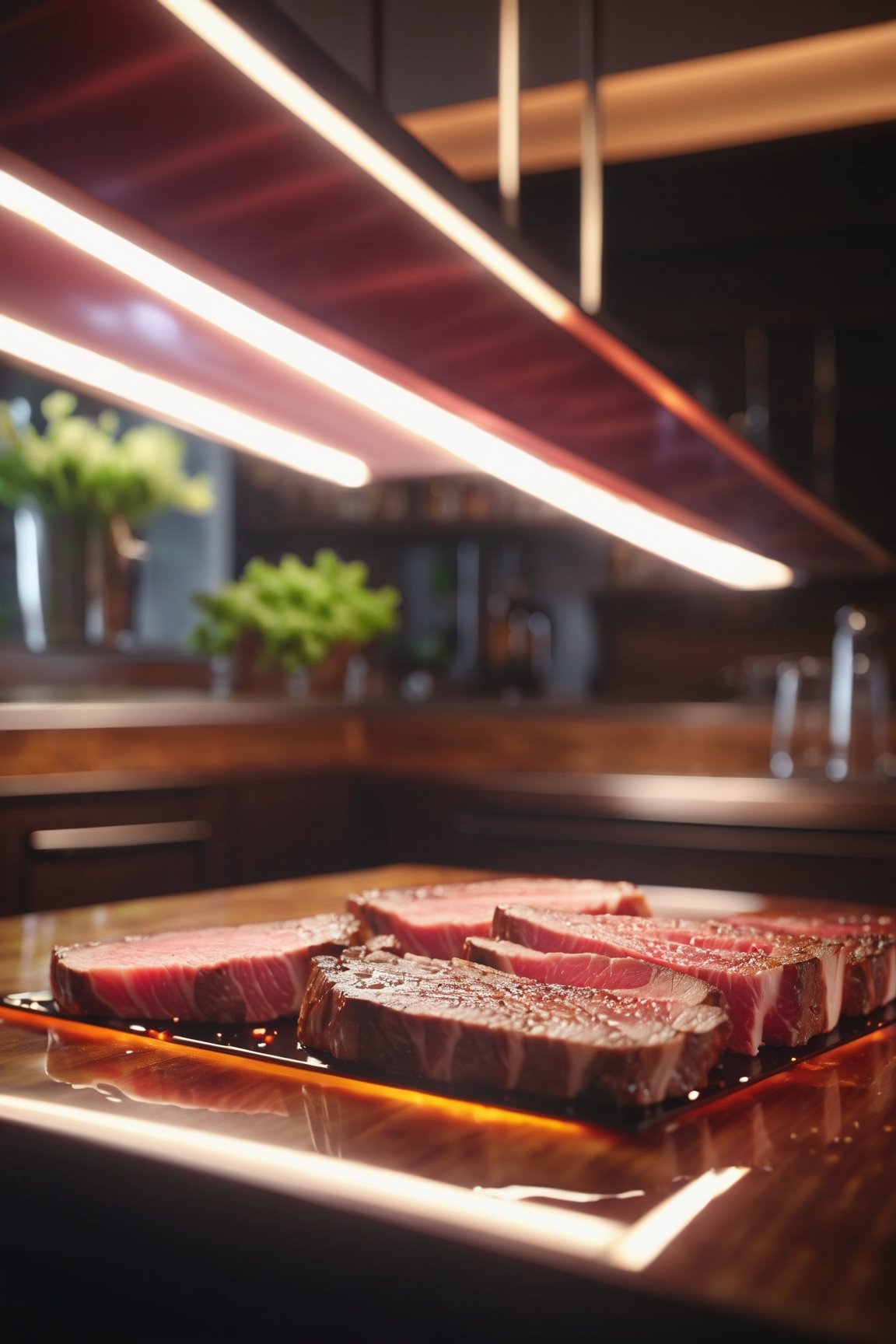 Delicious glowing steak slices on a dining table in the kitchen, comfortable light ,romantic light, ultra details ,photorealistic, realistic ,gel lighting, Cinematic, Filmic, medium shot, 4k, Front-light, Cinematic Lighting, volumetric Light, Ray Tracing Reflections, Chromatic Aberration, photography, hyper realistic, 4k, 8k,closeup 
