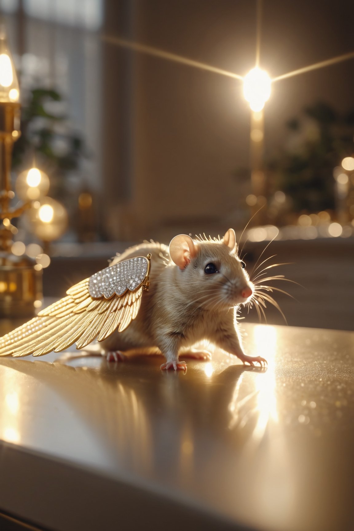 blonde rat, diamond studded gold key with wings on a dining table in the kitchen, comfortable light ,romantic light, ultra details ,photorealistic, realistic ,gel lighting, Cinematic, Filmic, medium shot, 4k, Front-light, Cinematic Lighting, volumetric Light, Ray Tracing Reflections, Chromatic Aberration, photography, hyper realistic, 4k, 8k,closeup ,