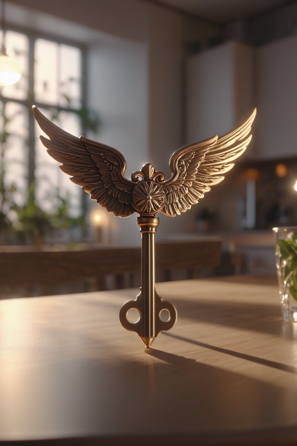 tall key with wings on a dining table in the kitchen, comfortable light ,romantic light, ultra details ,photorealistic, realistic ,gel lighting, Cinematic, Filmic, medium shot, 4k, Front-light, Cinematic Lighting, volumetric Light, Ray Tracing Reflections, Chromatic Aberration, photography, hyper realistic, 4k, 8k,closeup , 
