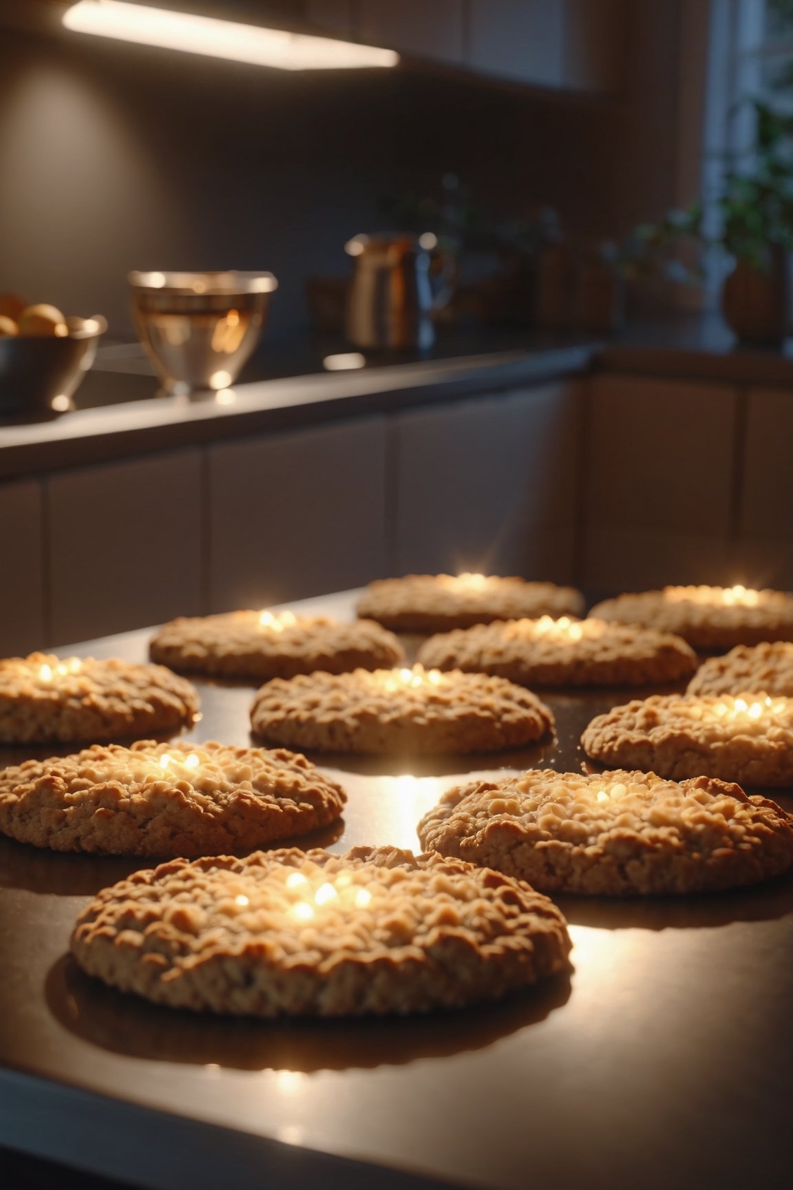 Delicious glowing oatmeal cookies on a dining table in the kitchen, comfortable light ,romantic light, ultra details ,photorealistic, realistic ,gel lighting, Cinematic, Filmic, medium shot, 4k, Front-light, Cinematic Lighting, volumetric Light, Ray Tracing Reflections, Chromatic Aberration, photography, hyper realistic, 4k, 8k,closeup 
