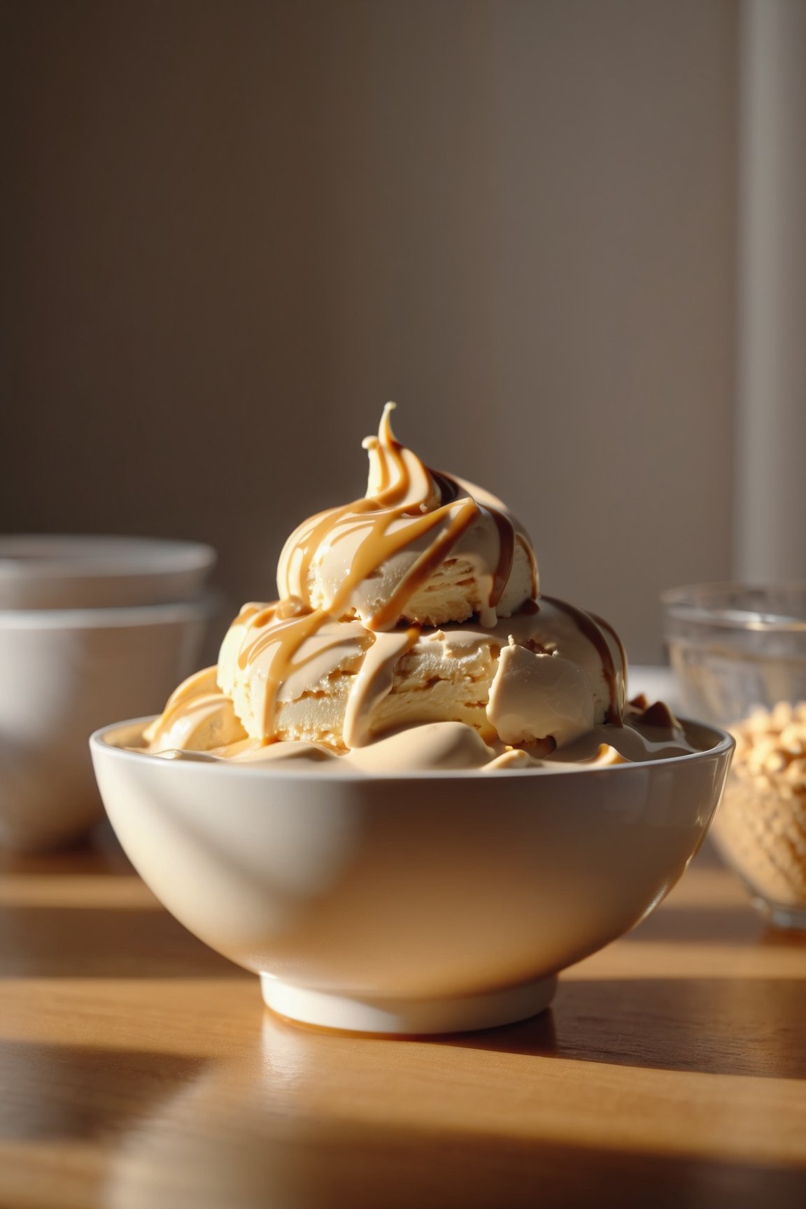 Delicious bowl of peanut butter ice cream on a dining table in the kitchen, comfortable light ,romantic light, ultra details ,photorealistic, realistic ,gel lighting, Cinematic, Filmic, medium shot, 4k, Front-light, Cinematic Lighting, volumetric Light, Ray Tracing Reflections, Chromatic Aberration, photography, hyper realistic, 4k, 8k,closeup , 
