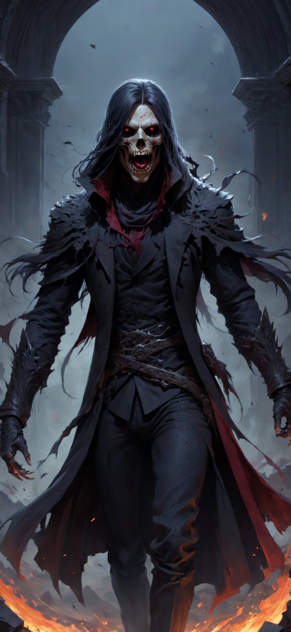 vampre, scar horror death with no face, screaming with rage, (walking through graveyard), sprinting, torn flesh, tattered clothes, fantasy magic, undercut hairstyle, dark light night, intricate, elegant, sharp focus, illustration, highly detailed, digital painting, concept art, matte, art by wlop and artgerm and greg rutkowski and alphonse mucha, masterpiece, monster