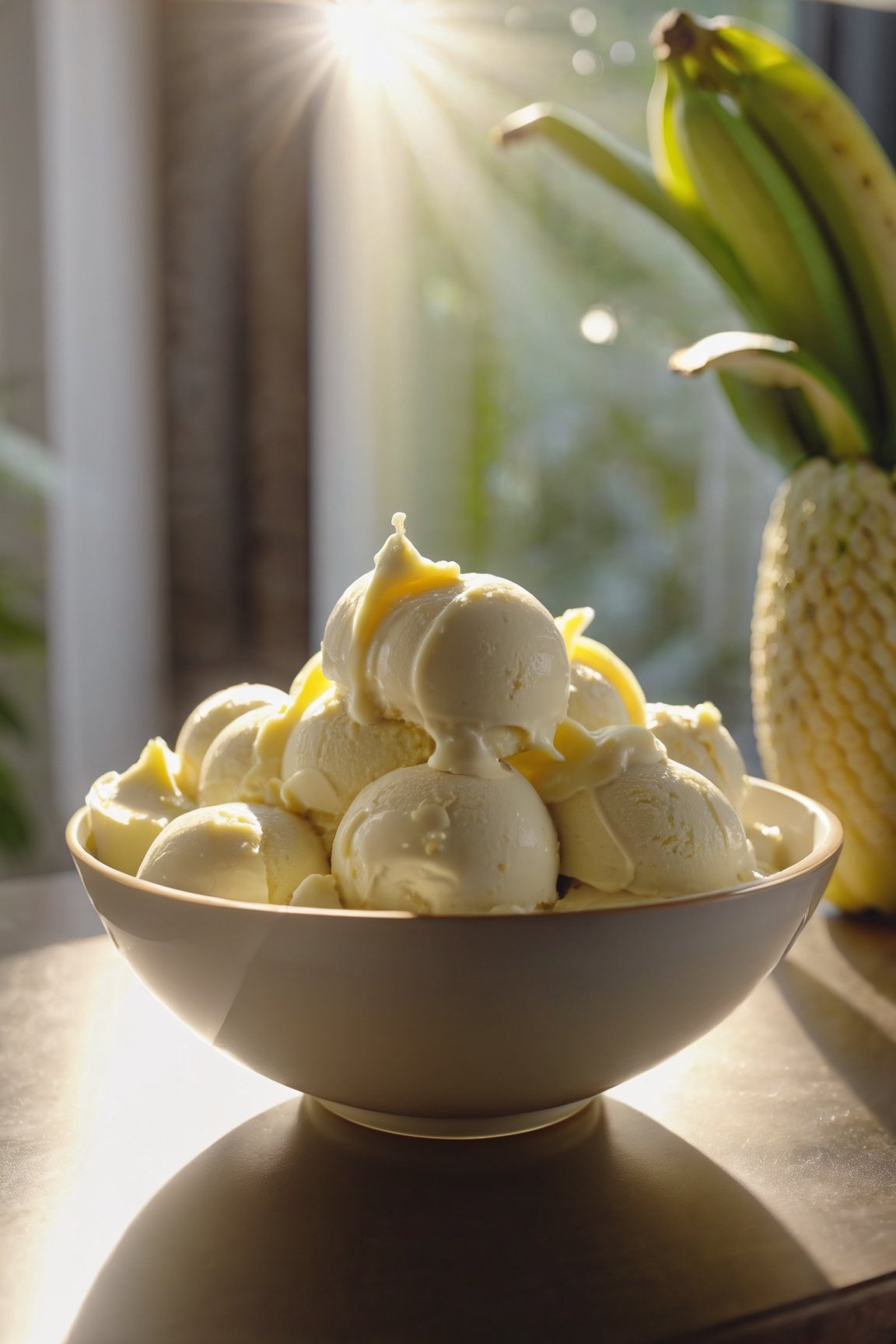 Delicious bowl of banana ice cream on a dining table in the kitchen, peeled bananas, comfortable light ,romantic light, ultra details ,photorealistic, realistic ,gel lighting, Cinematic, Filmic, medium shot, 4k, Front-light, Cinematic Lighting, volumetric Light, Ray Tracing Reflections, Chromatic Aberration, photography, hyper realistic, 4k, 8k,closeup , 
