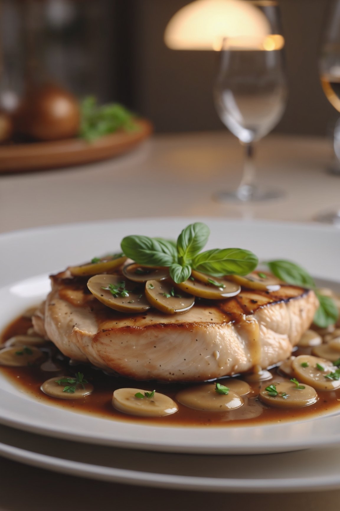 Delicious plate of chicken marsala on a dining table in the kitchen, comfortable light ,romantic light, ultra details ,photorealistic, realistic ,gel lighting, Cinematic, Filmic, medium shot, 4k, Front-light, Cinematic Lighting, volumetric Light, Ray Tracing Reflections, Chromatic Aberration, photography, hyper realistic, 4k, 8k,closeup 
