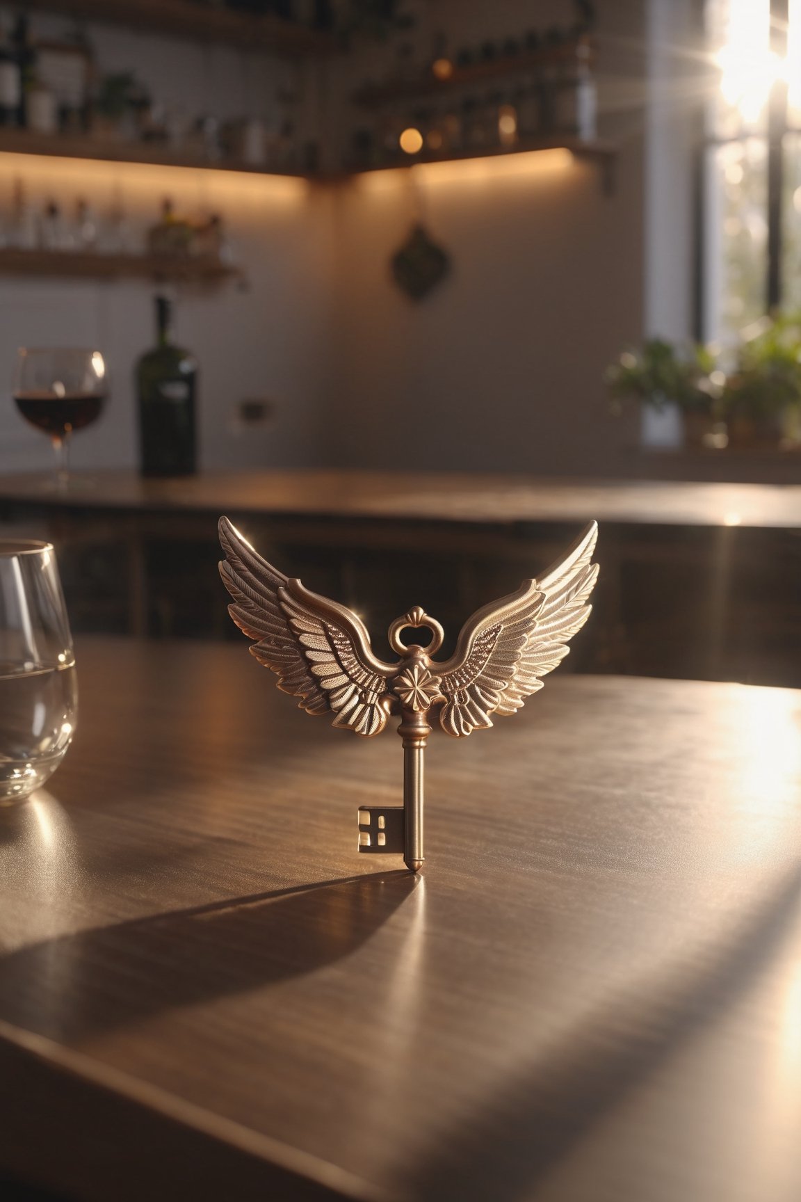 key with wings on a dining table in the kitchen, comfortable light ,romantic light, ultra details ,photorealistic, realistic ,gel lighting, Cinematic, Filmic, medium shot, 4k, Front-light, Cinematic Lighting, volumetric Light, Ray Tracing Reflections, Chromatic Aberration, photography, hyper realistic, 4k, 8k,closeup , 
