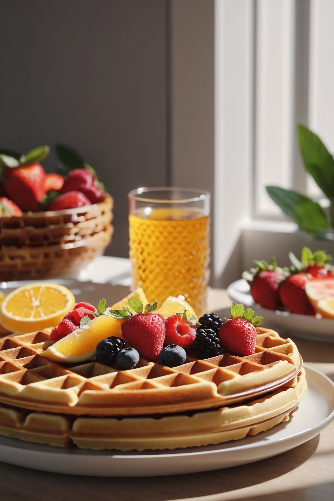 Delicious plate of waffles with fruit on a dining table in the kitchen, syrup on waffles, comfortable light ,romantic light, ultra details ,photorealistic, realistic ,gel lighting, Cinematic, Filmic, medium shot, 4k, Front-light, Cinematic Lighting, volumetric Light, Ray Tracing Reflections, Chromatic Aberration, photography, hyper realistic, 4k, 8k,closeup , 
