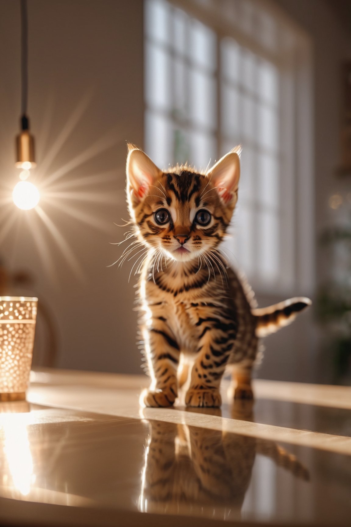 bengal kitten on a dining table in the kitchen, comfortable light ,romantic light, ultra details ,photorealistic, realistic ,gel lighting, Cinematic, Filmic, medium shot, 4k, Front-light, Cinematic Lighting, volumetric Light, Ray Tracing Reflections, Chromatic Aberration, photography, hyper realistic, 4k, 8k,closeup 
