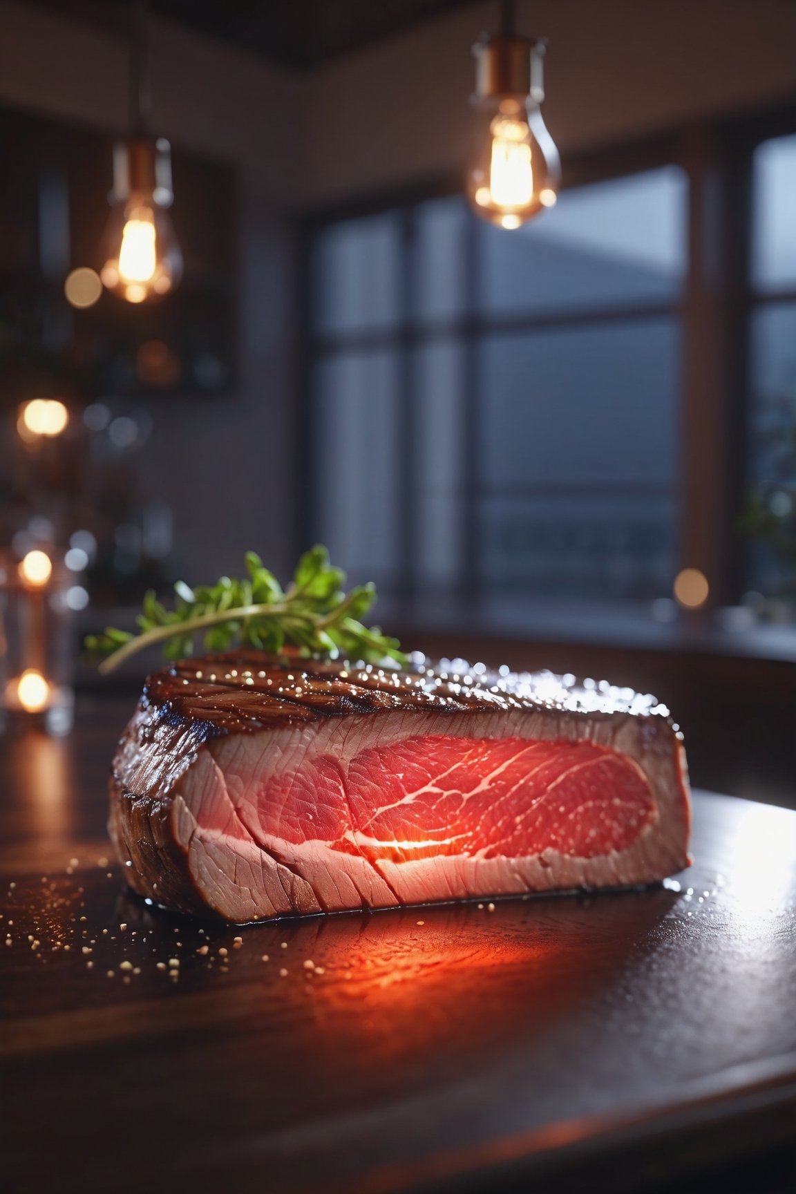 Delicious glowing steak on a dining table in the kitchen, comfortable light ,romantic light, ultra details ,photorealistic, realistic ,gel lighting, Cinematic, Filmic, medium shot, 4k, Front-light, Cinematic Lighting, volumetric Light, Ray Tracing Reflections, Chromatic Aberration, photography, hyper realistic, 4k, 8k,closeup 
