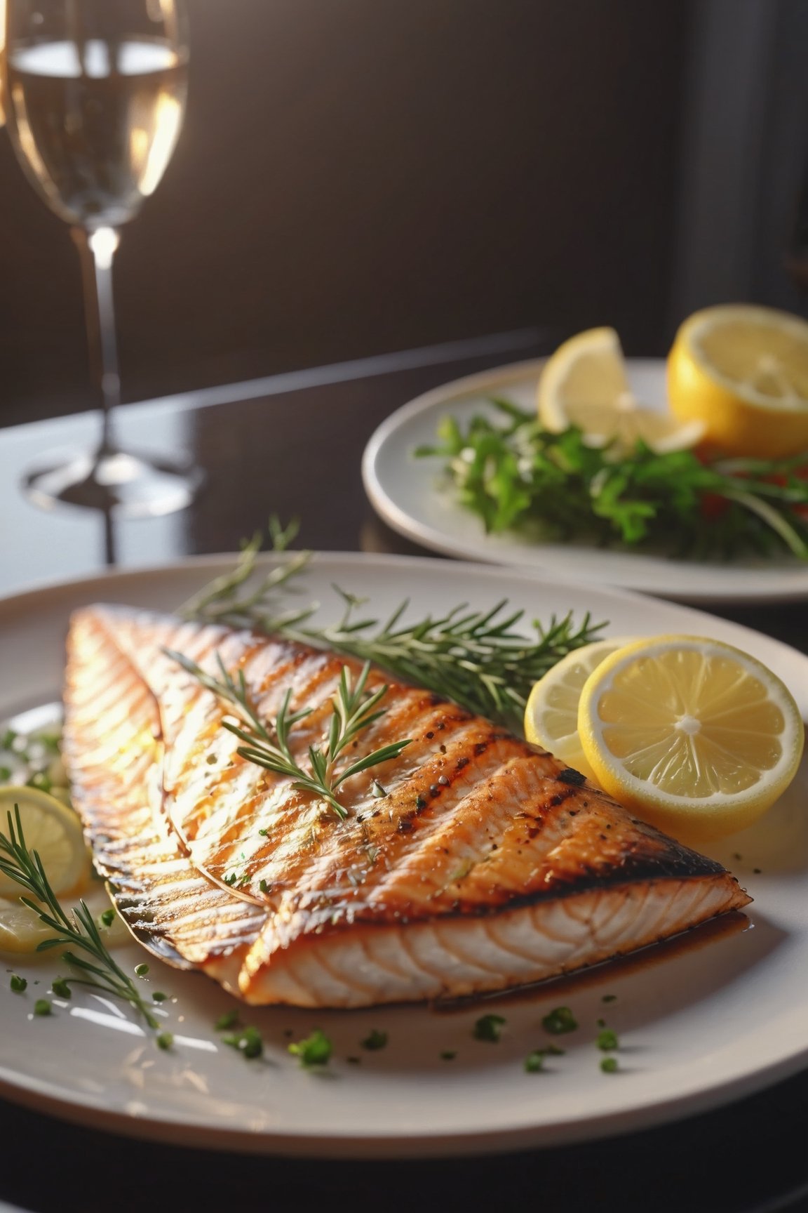 Delicious plate of grilled fish on a dining table in the kitchen, comfortable light ,romantic light, ultra details ,photorealistic, realistic ,gel lighting, Cinematic, Filmic, medium shot, 4k, Front-light, Cinematic Lighting, volumetric Light, Ray Tracing Reflections, Chromatic Aberration, photography, hyper realistic, 4k, 8k,closeup 
