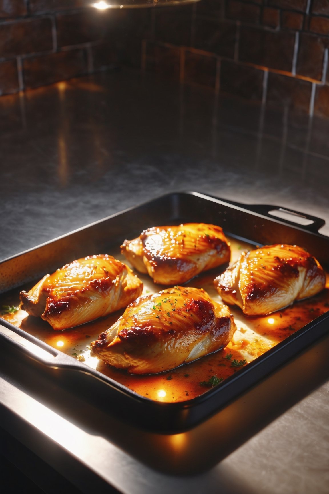 Delicious glowing sheet pan of baked chicken on a dining table in the kitchen, comfortable light ,romantic light, ultra details ,photorealistic, realistic ,gel lighting, Cinematic, Filmic, medium shot, 4k, Front-light, Cinematic Lighting, volumetric Light, Ray Tracing Reflections, Chromatic Aberration, photography, hyper realistic, 4k, 8k,closeup 
