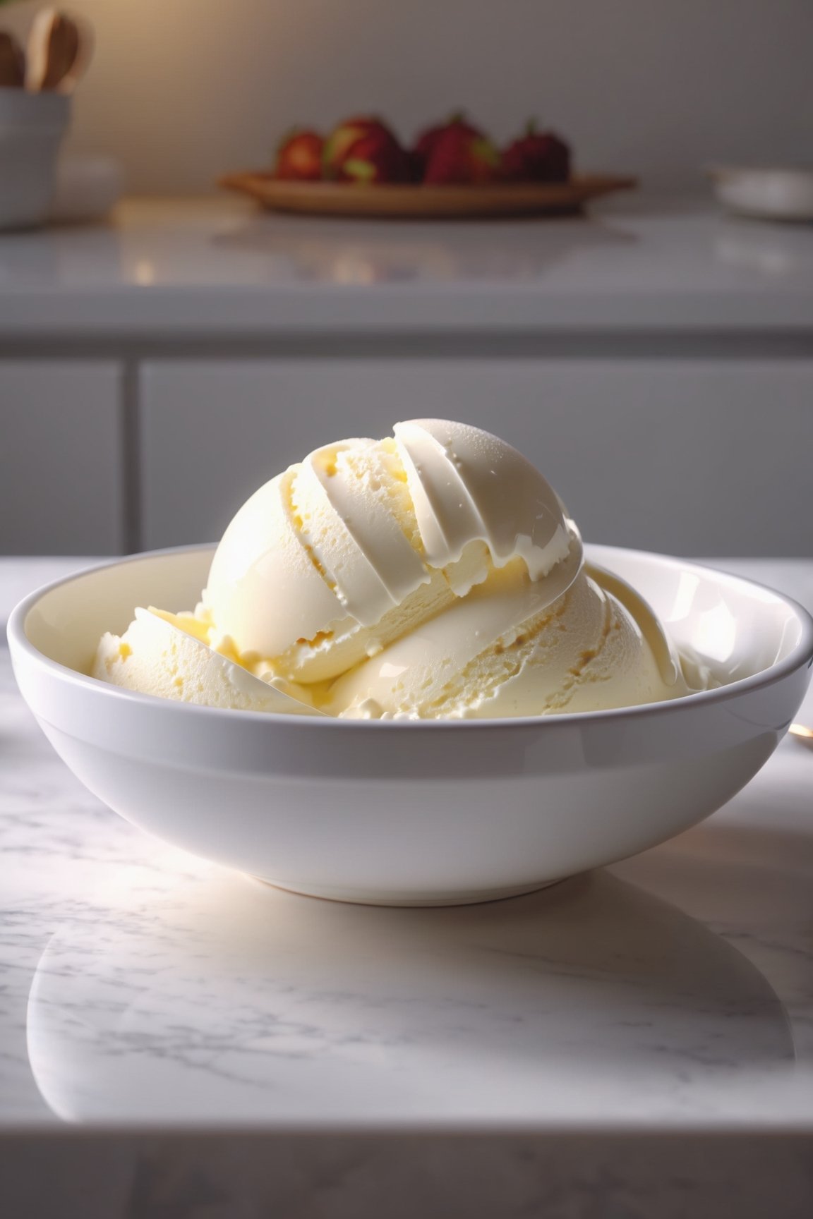 Delicious bowl of vanilla ice cream on a dining table in the kitchen, comfortable light ,romantic light, ultra details ,photorealistic, realistic ,gel lighting, Cinematic, Filmic, medium shot, 4k, Front-light, Cinematic Lighting, volumetric Light, Ray Tracing Reflections, Chromatic Aberration, photography, hyper realistic, 4k, 8k,closeup , 
