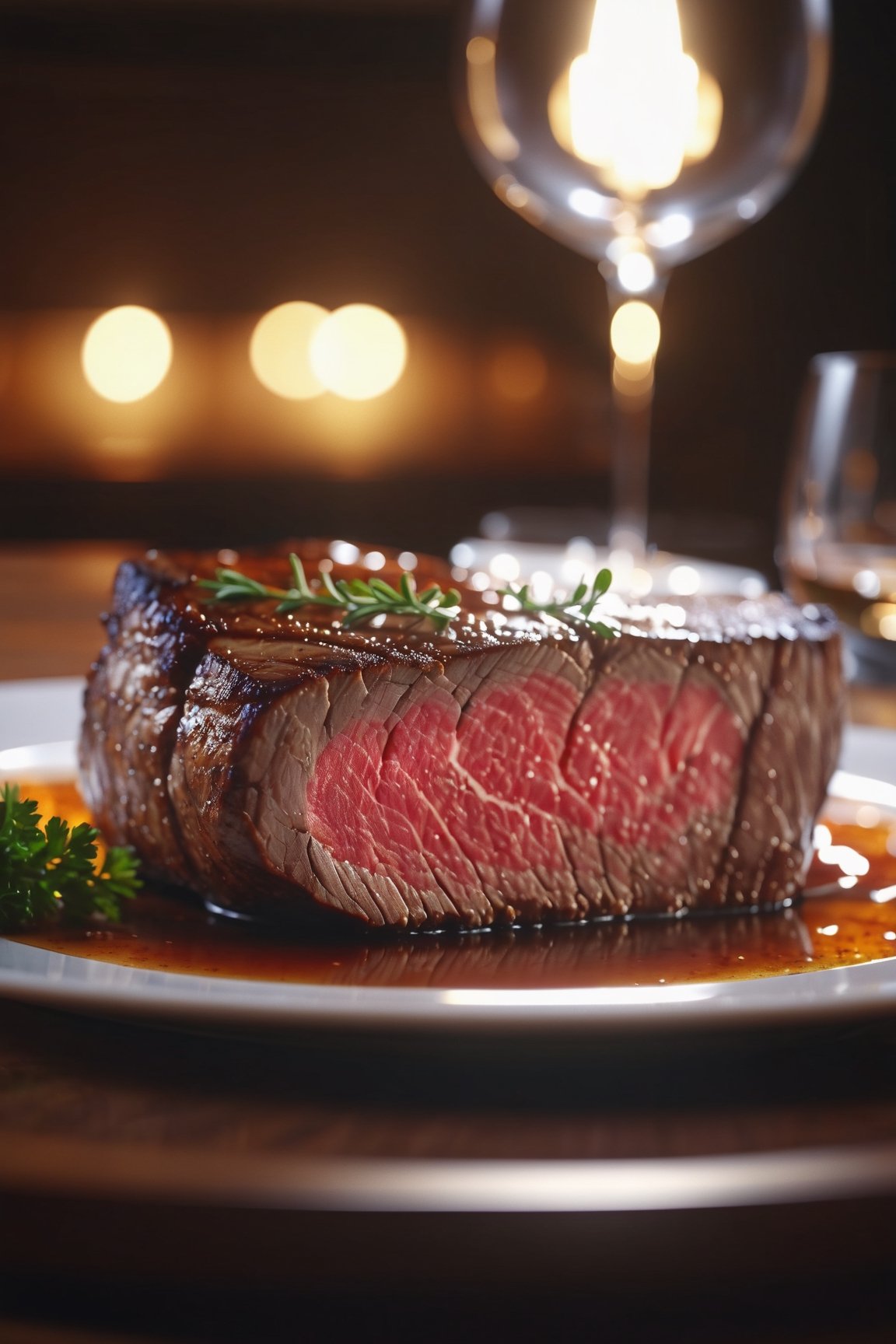 Delicious glowing plate of steak on a dining table in the kitchen, comfortable light ,romantic light, ultra details ,photorealistic, realistic ,gel lighting, Cinematic, Filmic, medium shot, 4k, Front-light, Cinematic Lighting, volumetric Light, Ray Tracing Reflections, Chromatic Aberration, photography, hyper realistic, 4k, 8k,closeup 
