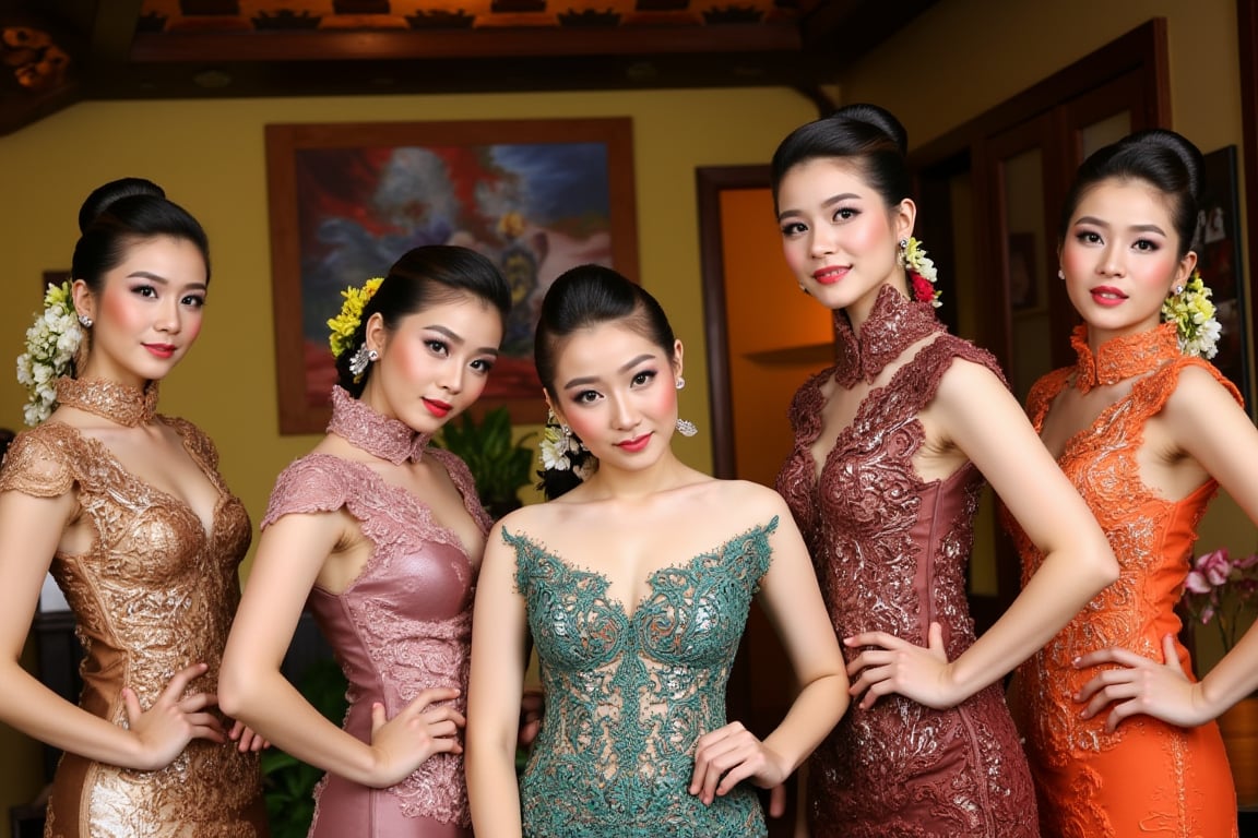 A stunning scene unfolds as five Korean girls pose against the vibrant backdrop of a Javanese house. Each girls wears a unique yet harmonious assortment of see-through kebaya, featuring deep V-necklines, long skirts, and sleeveless designs that showcase their toned physiques. The models' hair is tied up in elegant buns, adorned with intricate ornaments that add to the overall opulence. The camera zooms in on each girl's face, highlighting their porcelain-like skin, flawless features, and piercing eyes that seem almost too beautiful to be real. The scene is bathed in a warm, golden light, accentuating the girls' curves and creating a sense of intimacy, different face, looking on viewer, erfect hads.