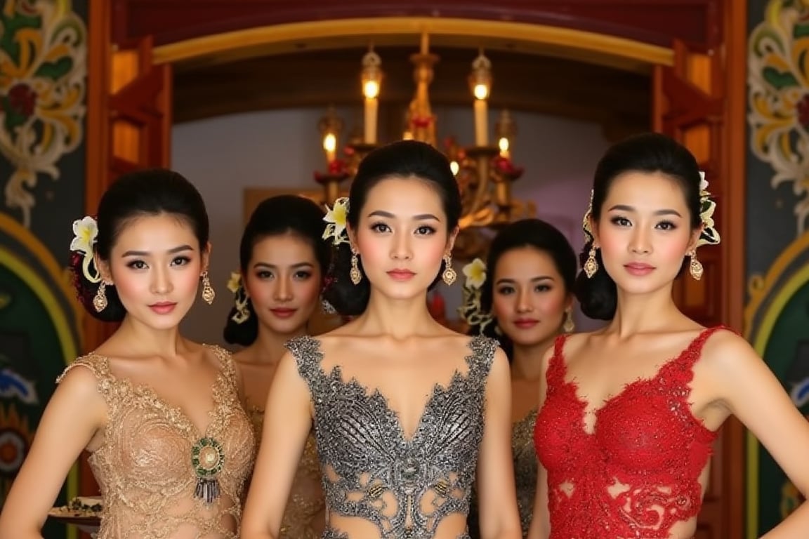 A stunning scene unfolds as five Korean girls pose against the vibrant backdrop of a Javanese house. Each girls wears a unique yet harmonious assortment of see-through kebaya, featuring deep V-necklines, long skirts, and sleeveless designs that showcase their toned physiques. The models' hair is tied up in elegant buns, adorned with intricate ornaments that add to the overall opulence. The camera zooms in on each girl's face, highlighting their porcelain-like skin, flawless features, and piercing eyes that seem almost too beautiful to be real. The scene is bathed in a warm, golden light, accentuating the girls' curves and creating a sense of intimacy, different face, looking on viewer.