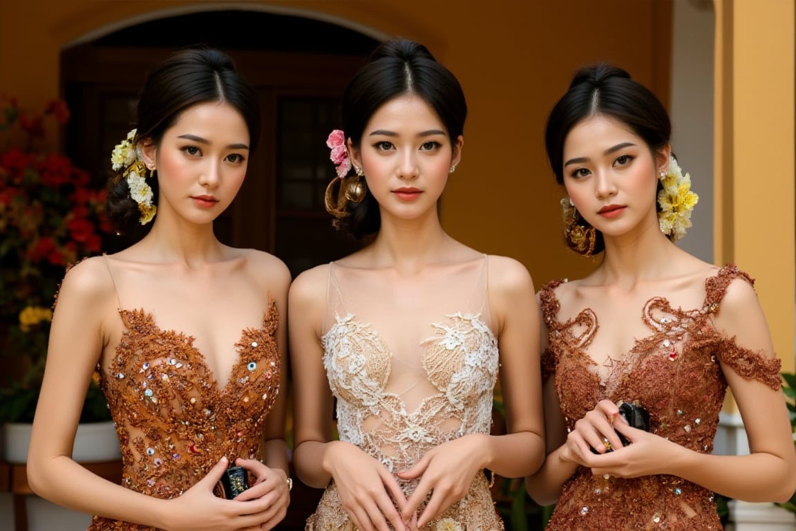 A stunning scene unfolds as three Korean girls pose against the vibrant backdrop of a Javanese house. Each wears a unique yet harmonious assortment of see-through kebayas, featuring deep V-necklines, long skirts, and sleeveless designs that showcase their toned physiques. The models' hair is tied up in elegant buns, adorned with intricate ornaments that add to the overall opulence. The camera zooms in on each girl's face, highlighting their porcelain-like skin, flawless features, and piercing eyes that seem almost too beautiful to be real. The scene is bathed in a warm, golden light, accentuating the girls' curves and creating a sense of intimacy.