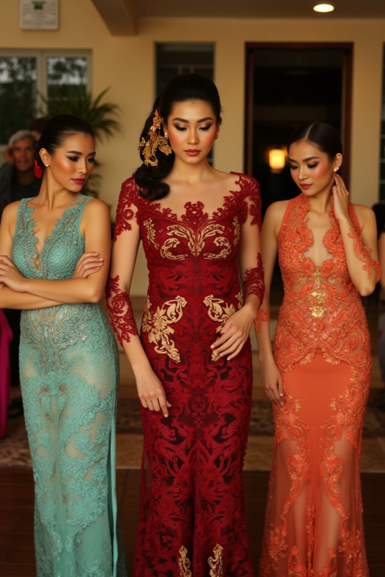 A stunning scene unfolds as one Korean girl pose against the vibrant backdrop of a Javanese house. wear a unique yet harmonious assortment of see-through kebaya, featuring deep V-necklines, long skirts, and sleeveless designs that showcase their toned physiques. The models' hair is tied up in elegant buns, adorned with intricate ornaments that add to the overall opulence. The camera zooms in on each girl's face, highlighting their porcelain-like skin, flawless features, and piercing eyes that seem almost too beautiful to be real. The scene is bathed in a warm, golden light, accentuating the girl curves and creating a sense of intimacy, looking on viewer, perfect hads, front body view.