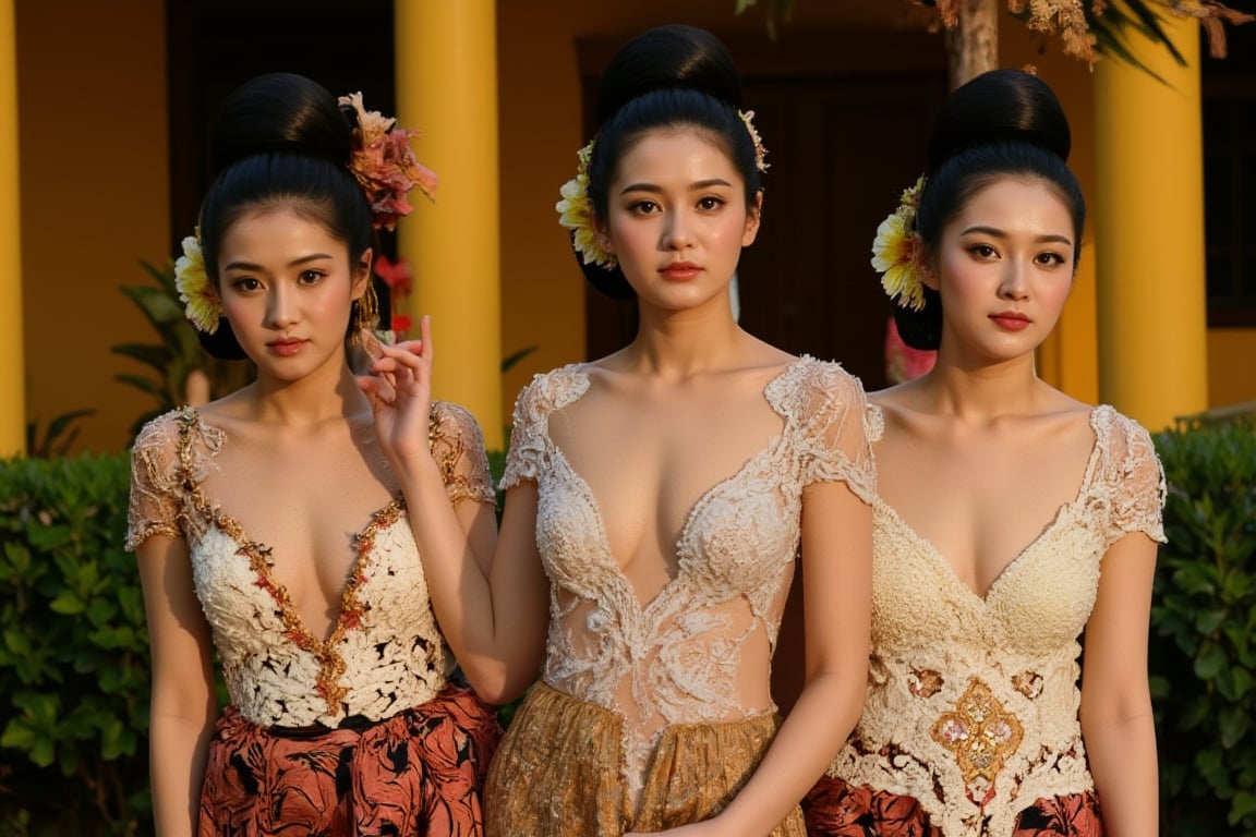 A stunning scene unfolds as three Korean girls pose against the vibrant backdrop of a Javanese house. Each wears a unique yet harmonious assortment of see-through kebayas, featuring deep V-necklines, long skirts, and sleeveless designs that showcase their toned physiques. The models' hair is tied up in elegant buns, adorned with intricate ornaments that add to the overall opulence. The camera zooms in on each girl's face, highlighting their porcelain-like skin, flawless features, and piercing eyes that seem almost too beautiful to be real. The scene is bathed in a warm, golden light, accentuating the girls' curves and creating a sense of intimacy.