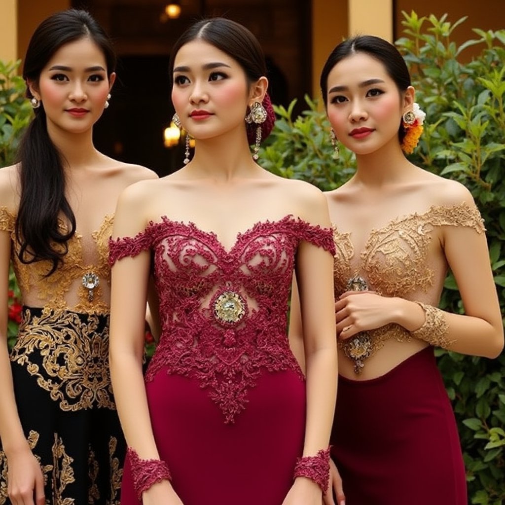 A stunning scene unfolds as three Korean girls pose against the vibrant backdrop of a Javanese house. Each girls wears a unique yet harmonious assortment of see-through kebayas, featuring deep V-necklines, long skirts, and sleeveless designs that showcase their toned physiques. The models' hair is tied up in elegant buns, adorned with intricate ornaments that add to the overall opulence. The camera zooms in on each girl's face, highlighting their porcelain-like skin, flawless features, and piercing eyes that seem almost too beautiful to be real. The scene is bathed in a warm, golden light, accentuating the girls' curves and creating a sense of intimacy, different face, looking on viewer.