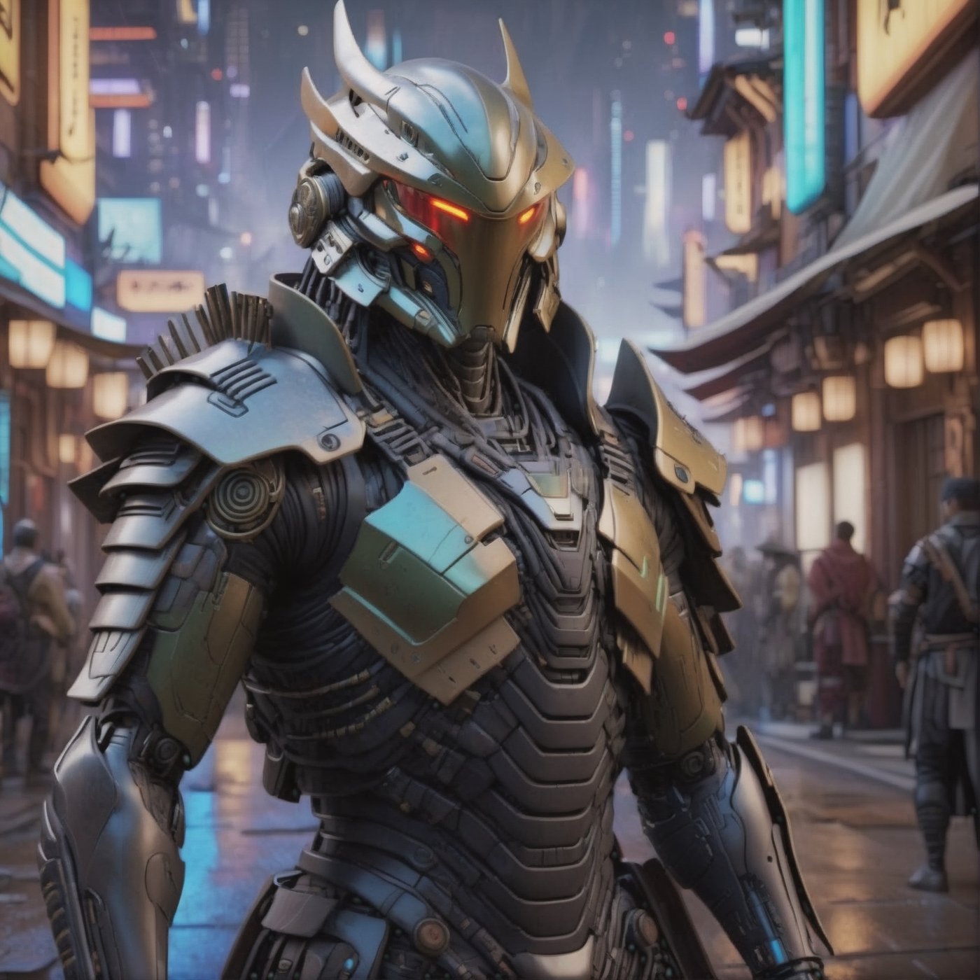 cinematic, ultra realistic, alien detailed cyborg-samurai in western futuristic city, night time, realistic, cyberpunk, sharp focus, hyperdetailed, hdr,Leonardo Style,cyborg style, cinematic style, Cyber Background