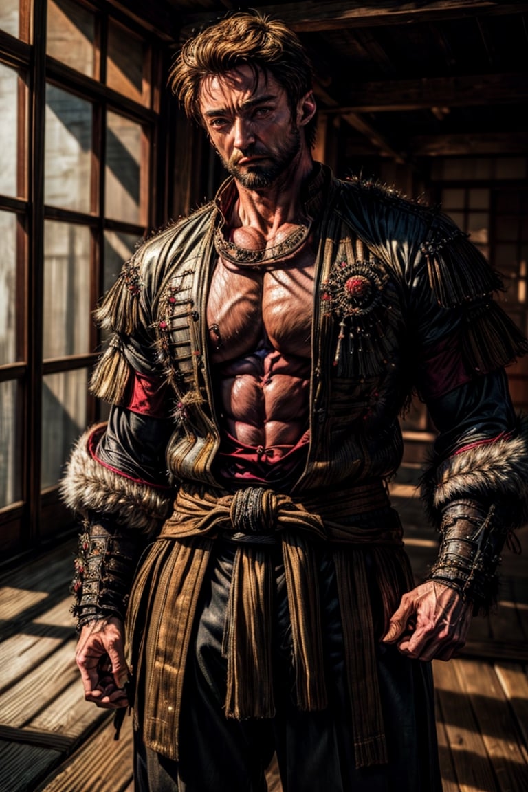 Realistic, (masterpiece1.2), (Ultra HDR quality),  the (Hugh Jackman) with japanese samurai suit, sengoku era, katanas, perfect samurai suit, full body shot,cinematic pose, detailed face, detailed body