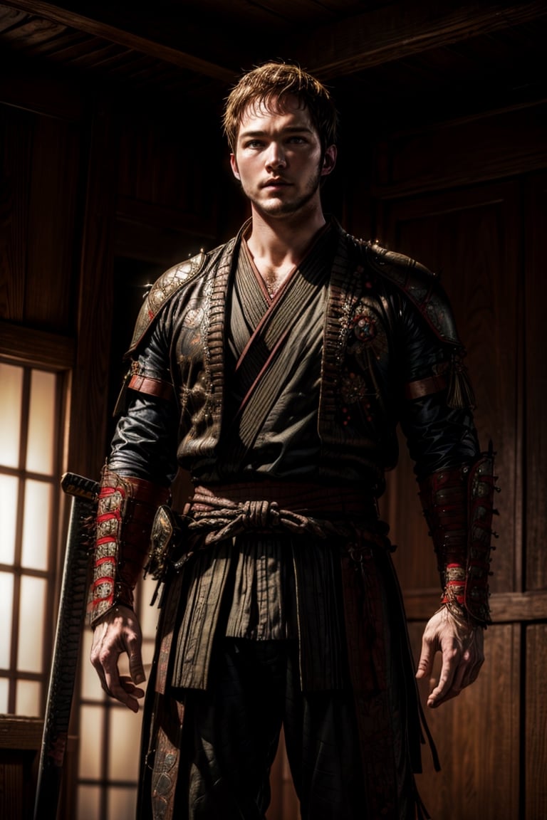 Realistic, (masterpiece1.2), (Ultra HDR quality),  the (chris pratt) with japanese samurai suit, sengoku era, katanas, perfect samurai suit, full body shot