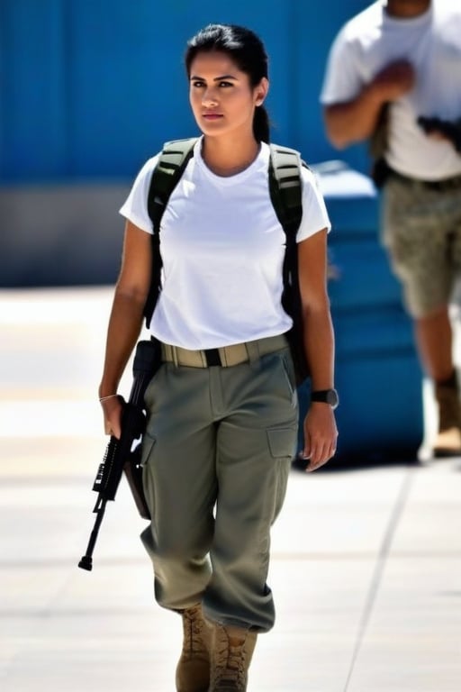 Female army officer, in white teeshirt, army shorts and boots, black hair. looking away from camera, hair loose, carrying assault-rifle, (((no backpack:1.4))), 