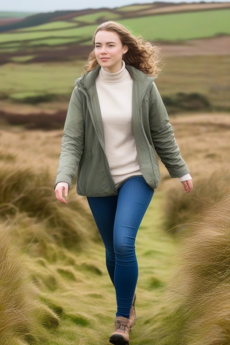 Elegant young woman, in elegant casual clothes, enjoying her walk in The Moors in Devon.