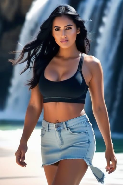 Confident siren struts away from the camera in a bold, 3/4-body portrait. Her long, black hair cascades down her back like a waterfall of night, framing her striking features. A sports bra accentuates her toned physique, while a tight denim skirt hugs her small hips and ass. A radiant smile plays on her lips as she saunters away from the lens, exuding an aura of sultry allure.