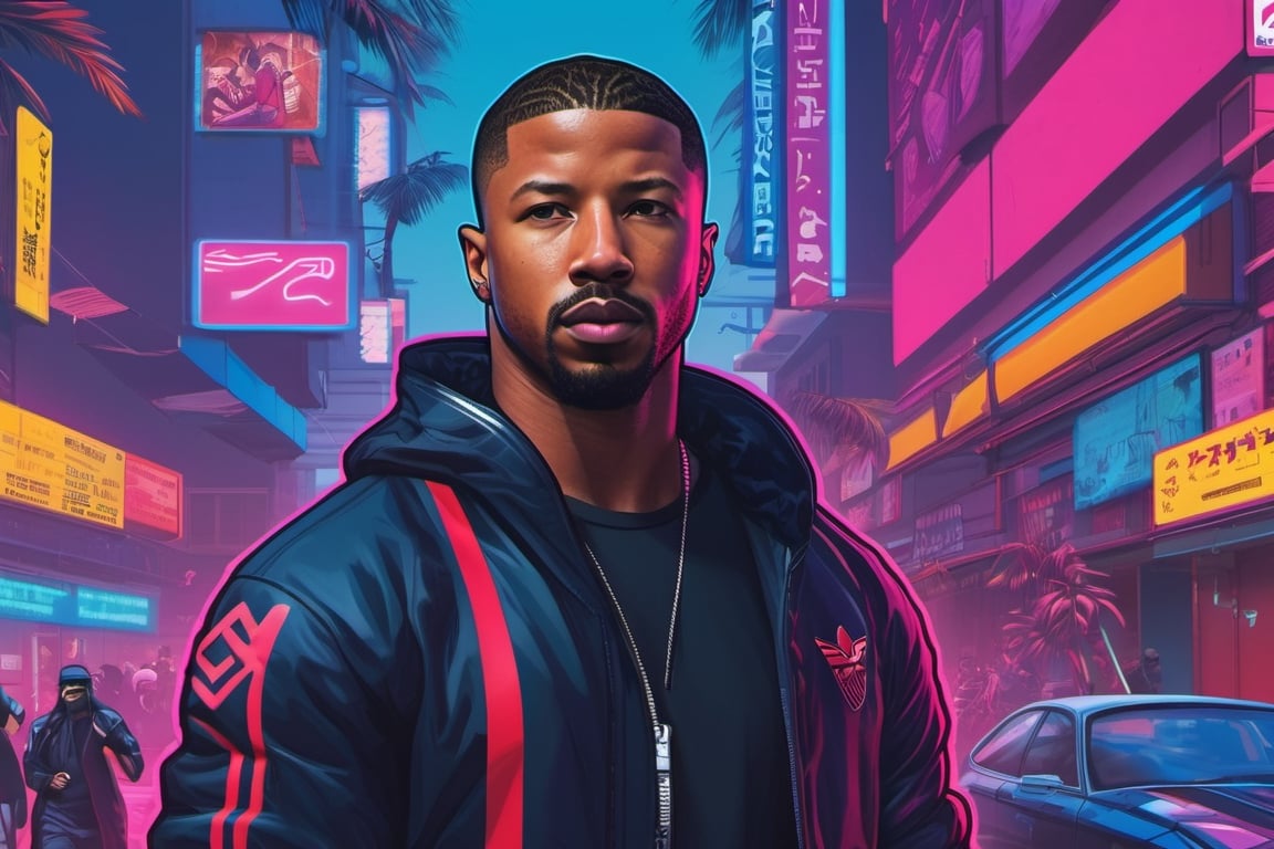 Michael B Jordan, wearing Adidas Flamengo horizontal red and black stripes uniform, Vice city, gta 5 cover art, Borderlands style, Celshading, symmetric highly detailed eyes, Trending on Artstation, by rhads, Andreas Rocha, Rossdraws, Makoto Shinkai, Laurie Greasley, Lois van Baarle, ilya kuvshinov and greg rutkowski,Leonardo Style,cyberpunk style,3d style,photo r3al,Extremely Realistic,aw0k euphoric style,cinematic  moviemaker style,cyberpunk