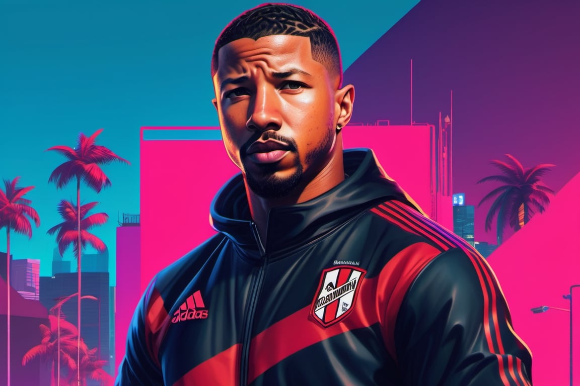 Michael B Jordan, wearing Adidas Flamengo horizontal red and black stripes uniform, Vice city, gta 5 cover art, Borderlands style, Celshading, symmetric highly detailed eyes, Trending on Artstation, by rhads, Andreas Rocha, Rossdraws, Makoto Shinkai, Laurie Greasley, Lois van Baarle, ilya kuvshinov and greg rutkowski,Leonardo Style,cyberpunk style,3d style,photo r3al,Extremely Realistic,aw0k euphoric style,cinematic  moviemaker style