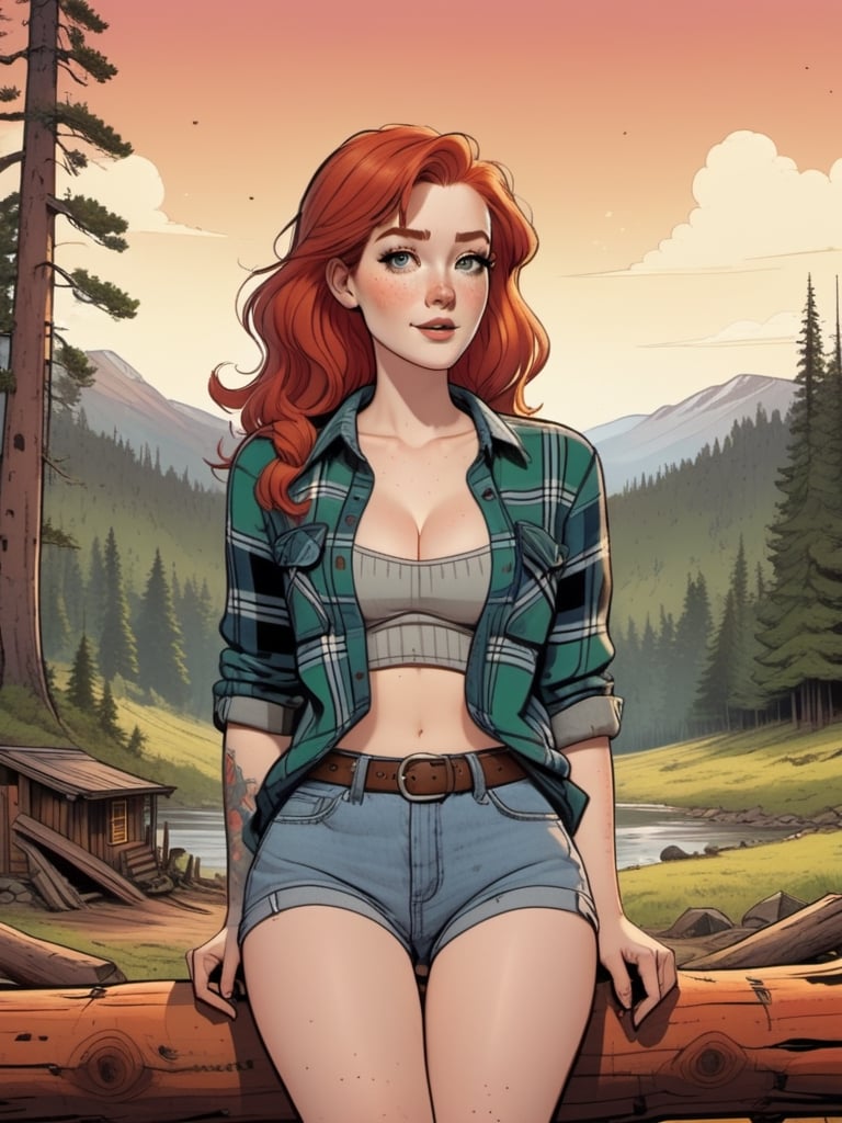 (Highest Quality, 4k, masterpiece, Amazing Details:1.1), ((90s cartoon Pixar animation, comicbook, anime-manga style, line drawing)) wide angle picture of a beautiful 25 year old woman with red hair, pale skin dotted with freckles, large natural breasts, dressed as a lumberjack (open plaid shirt ((open shirt, topless)) showing a large cleavage and denim shorts and high knee socks and boots (tight minimal shorts)) sitting on a log in the middle of the forest, next to her cabin
