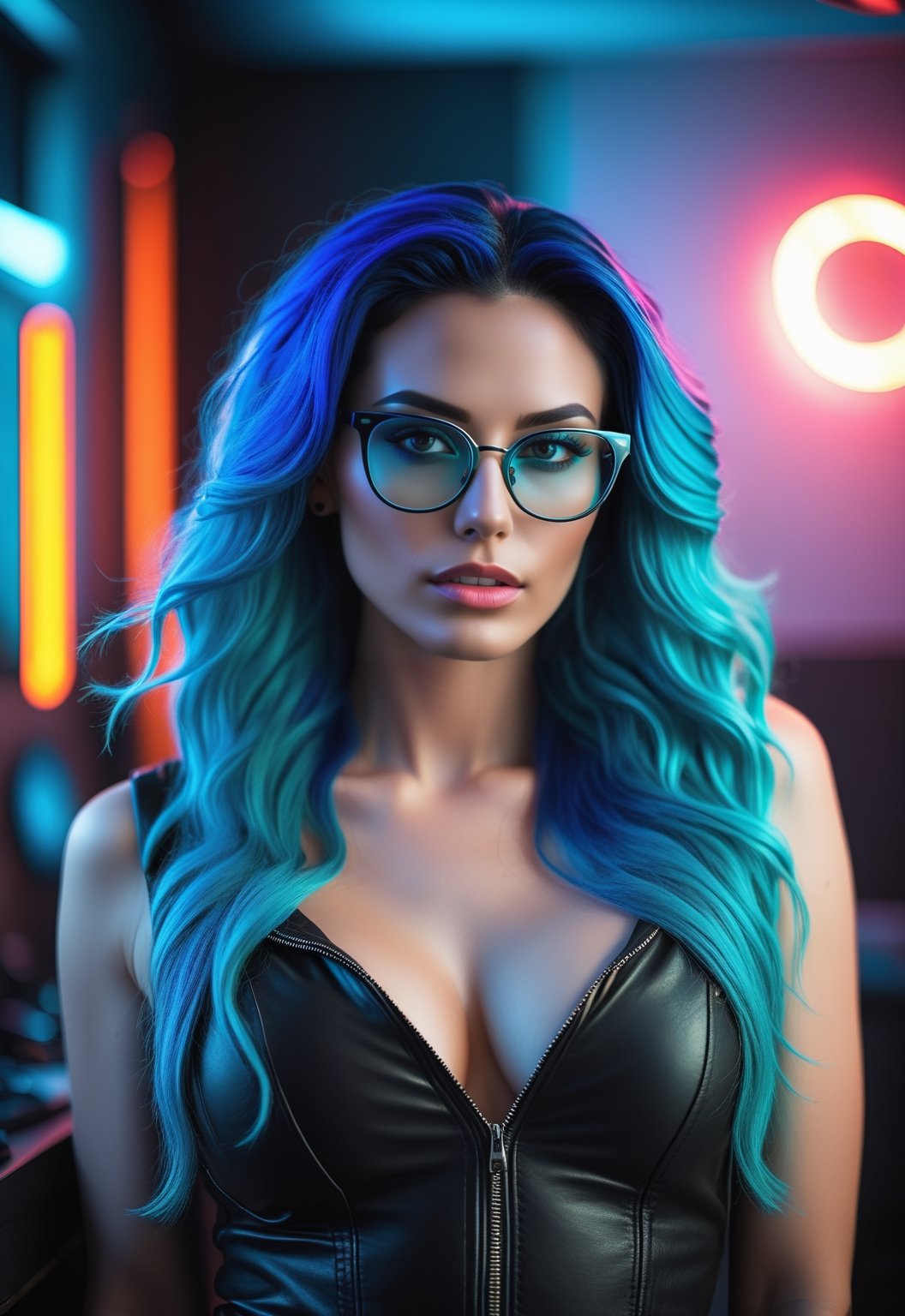 masterpiece, ((fantasy)1.5 photography, high-quality imagery),woman (bigg sagging breast and deep cleavage), blue hair, black frame glasses, rockstar, futuristic, neon, long wavy hair, cellphone, background in a room, realistic style, 8k,exposure blend, medium shot, bokeh, (hdr:1.4), high contrast, (cinematic), (muted colors, dim colors, soothing tones:1.3), low saturation, (hyperdetailed:1.2), (noir:0.4), (natural skin, skin pores, detailed skin), (intricate, vibrant, dramatic, sharp focus, dslr, Fujifilm XT3),3d toon style,neon photography style,photo r3al