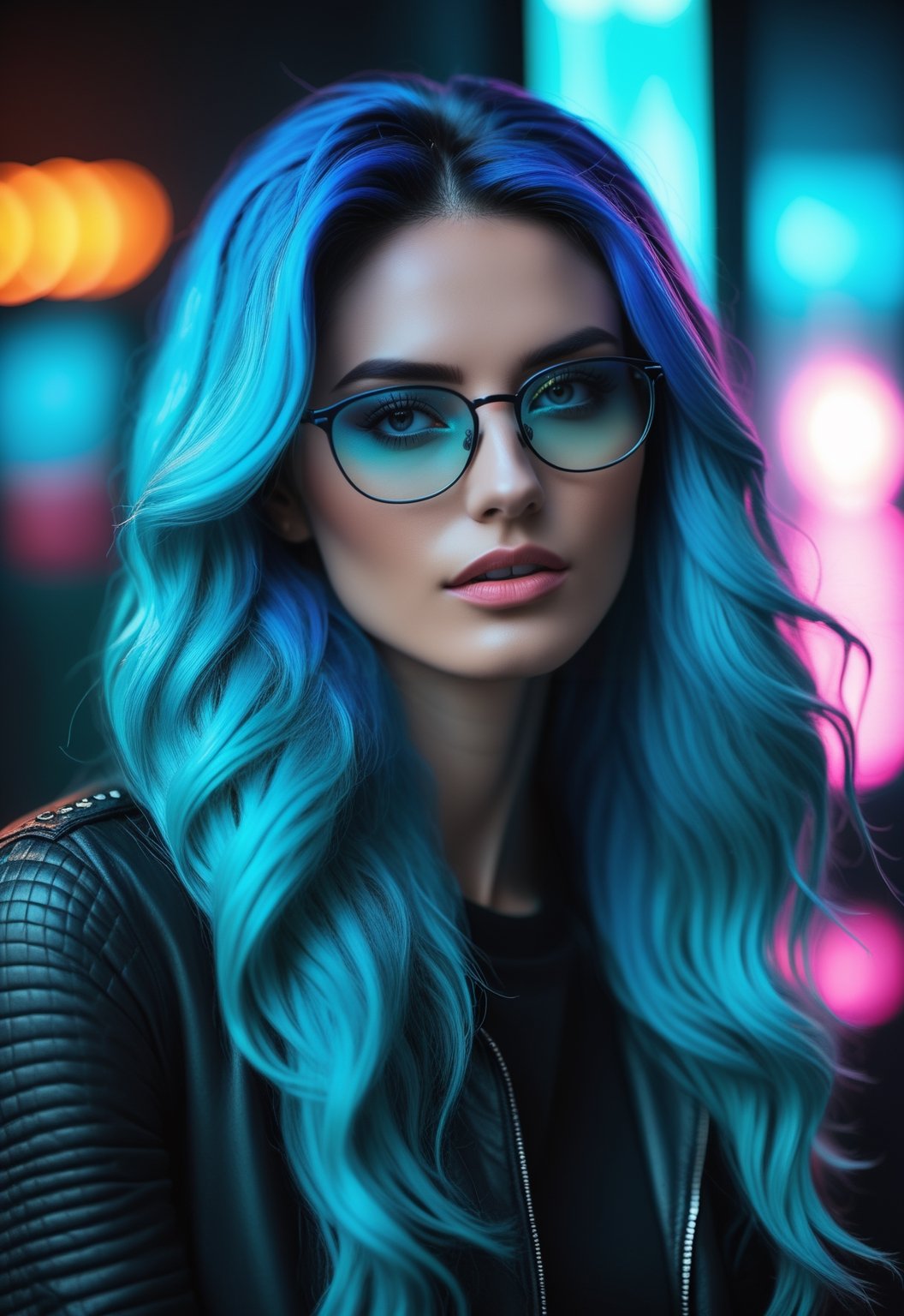 masterpiece, ((fantasy)1.5 photography, high-quality imagery),woman, blue hair, black frame glasses, rockstar, futuristic, neon, long wavy hair, cellphone, background in a room, realistic style, 8k,exposure blend, medium shot, bokeh, (hdr:1.4), high contrast, (cinematic), (muted colors, dim colors, soothing tones:1.3), low saturation, (hyperdetailed:1.2), (noir:0.4), (natural skin, skin pores, detailed skin), (intricate, vibrant, dramatic, sharp focus, dslr, Fujifilm XT3),3d toon style,neon photography style,photo r3al