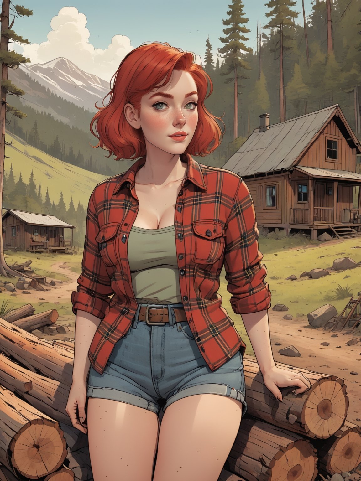 (Highest Quality, 4k, masterpiece, Amazing Details:1.1), ((90s cartoon Pixar animation, comicbook, anime-manga style, line drawing, thicc lines)) wide angle picture of a beautiful 25yo woman with red hair, pale skin dotted with freckles, large natural breasts, dressed as a lumberjack (open plaid shirt ((open shirt, topless)) showing a large cleavage and denim shorts and high knee socks and boots (tight minimal shorts)) sitting on a log in the middle of the forest, next to her cabin