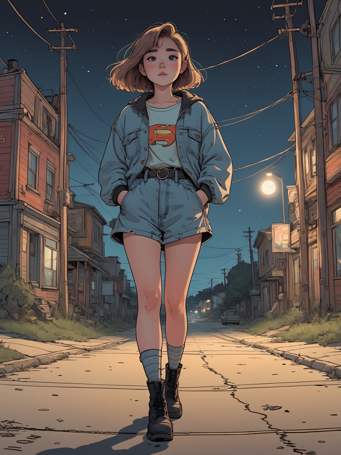 (Highest Quality, 4k, masterpiece, Amazing Details:1.1), ((90s cartoon Pixar animation, comicbook, anime-manga style, line drawing, thicc lines)) wide angle picture of a beautiful 25yo girl dressed on oversize clothes, standing in the middle of the road at night, only lit by the moonlight