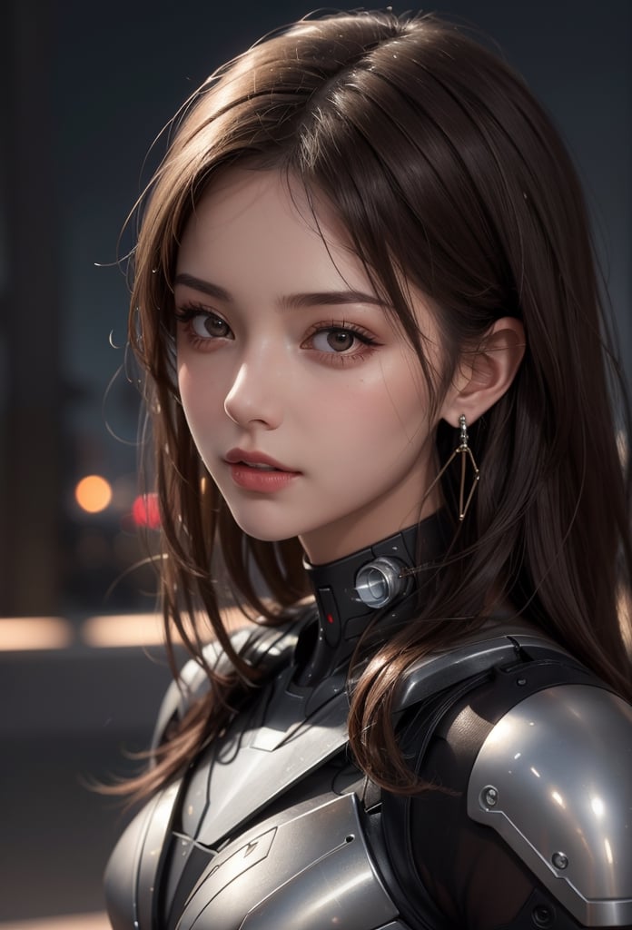 masterpiece, best quality, photorealistic, raw photo, sexy girl, beautiful girl, young girl, solo, Hyperrealistic, hyperdetailed, realistic face, high-resolution, realistic style, 8k, detailed hair, beautiful face, perfect face, detailed brown eyes, small earrings, short wavy dark brown hair, 1 girl, ((night)), soft smile, detailed futuristic cyborg, ((through body shell)), ((transparent body parts))