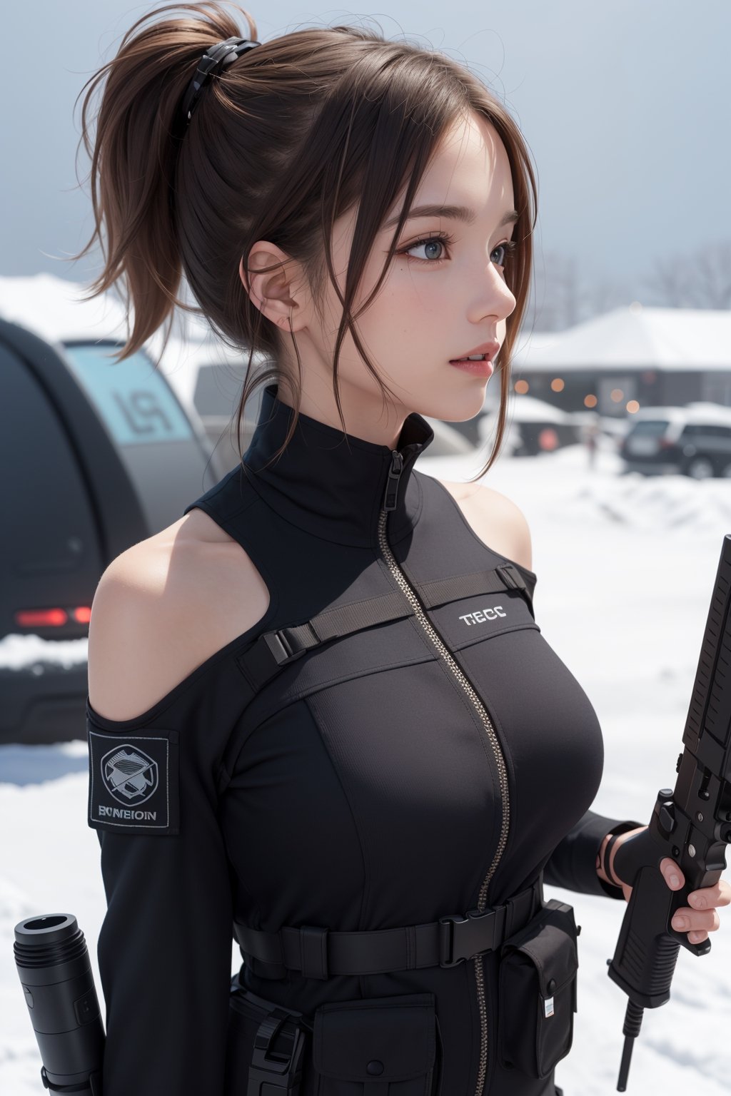 Special operation agent,  futuristic tactical black suite,  extra detailed,  detailed anatomy,  detailed face,  detailed eyes,  1 girl,  brown,  long brown hair,  brown eyes,  off shoulder,  snow blizzard,  strong wind,  planet expedition,  side view,  looking away,  half body,  various futuristic tactical weapons,  happy,  friendly,  flirty, futuristic high details rifle, advance scifi rifle, random pose