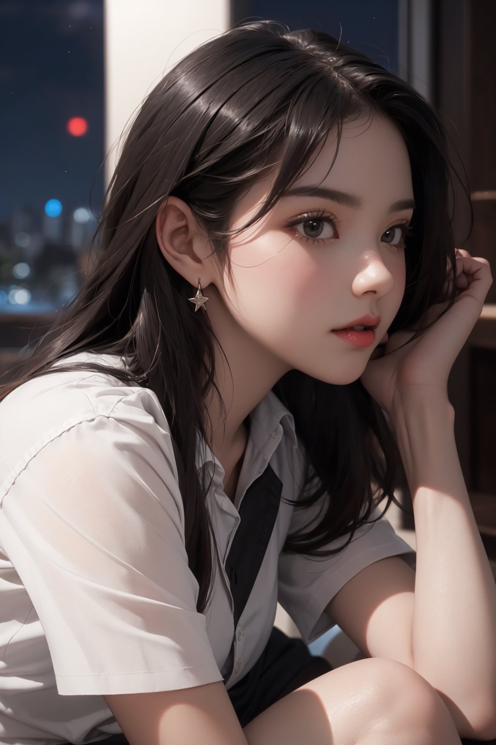 masterpiece, best quality, photorealistic, raw photo, attractive, charming, beautiful girl, solo, Hyperrealistic, hyperdetailed, realistic face, high-resolution, realistic style, 8k, detailed hair, beautiful face, perfect face, ((detailed gray eyes)), perfect skin, short wave brown hair, happy friendly flirty, full body,  unbuttoned shirt, shirt wide opened, ((extreme short black cotton mini skirt)), black high heel sandal, office lady, (((short sleeves))), side view, (((night)))