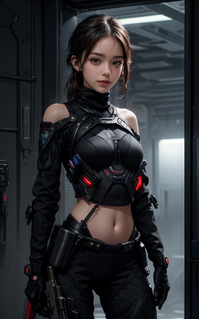 beautiful, realistic, masterpiece, HD, 1 girl, ((futuristic black tactical suit)), sexy, charming, seductive, special operation agent, crop top off shoulder, advanced gadgets, wool sweater, holding weapons, urban techwear, nude, naked