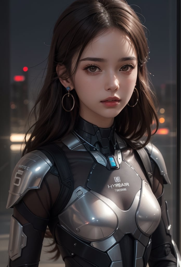 masterpiece, best quality, photorealistic, raw photo, sexy girl, beautiful girl, young girl, solo, Hyperrealistic, hyperdetailed, realistic face, high-resolution, realistic style, 8k, detailed hair, beautiful face, perfect face, detailed brown eyes, small earrings, short wavy dark brown hair, 1 girl, ((night)), soft smile, detailed futuristic cyborg, ((through body shell)), ((transparent body parts))