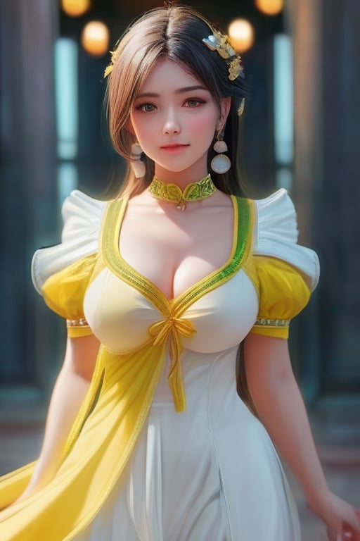 1girl,asymmetrical_clothes,medium_shot,light yellow with green with white long shan, big breast, (masterpiece, best quality, high quality, highres, ultra-detailed),happy_valentine