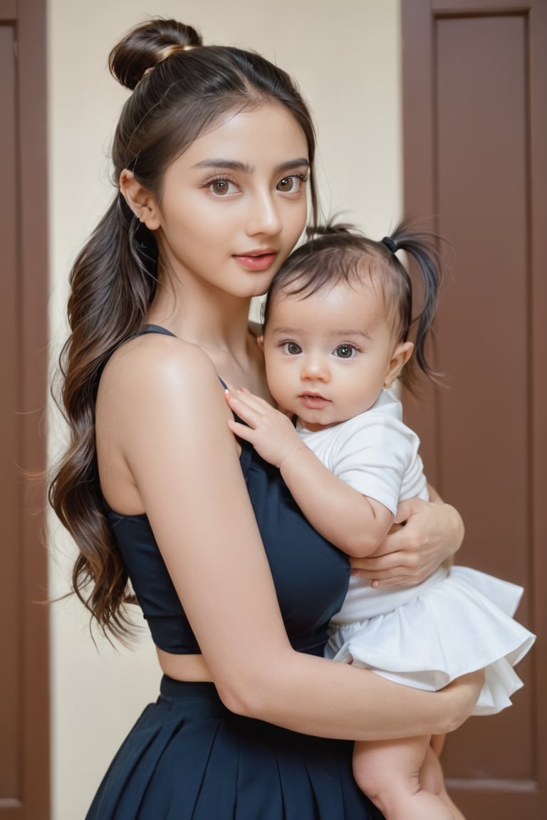 subject is a beautifuk woman 25 years old holding a cute baby in her arms, human skin, 8k, masterpiece, high detailed, high_resolution, 35mm photograph, beautiful human anatomy, hand model, beautiful detailed eyes, beautiful 5 fingers for subject, symmetrical pupil eyes, detailes eyes, real picture, cute baby boy, black dark long hair, photo of slim girl model, wearing mini skirt, belly button showing, high ponytails hairstyle, shot from side the object, full_body, indoors