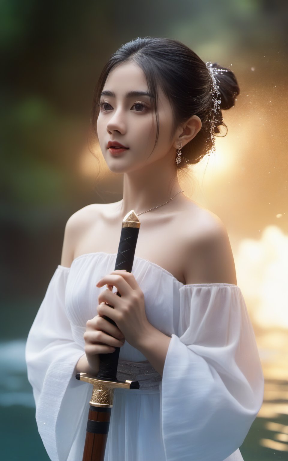 best quality,masterpiece,highres,cg,1girl,weapon,sword,long hair,dress,water,solo,jewelry,white dress,earrings,hair ornament,splashing,upper body,hair bun,black hair,lighting,candid,Photograph,high resolution,4k,8k,Bokeh,gh3a