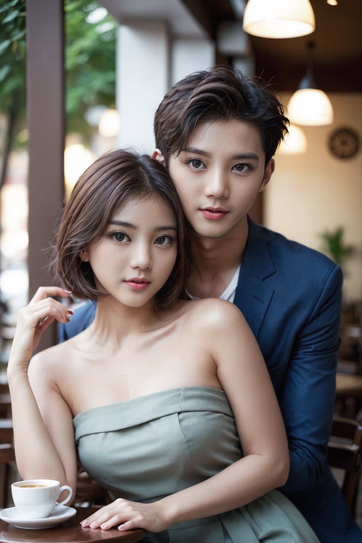 cinematic photo of a woman and boyfriends sitting at a cafe. (Romantic 1girl and 1 man), Short hair, (Symmetrical pupil eyes,  beautifull detailed eyes,  centerpiece pupil),  Small breast,  popping breast,  (((perfectly fingers))), beuty nails color, 35mm photograph,  film,  bokeh,  professional, depth of field, (((full body, fit to frame))), 4k,  highly detailed, gh3a, korean girl,korean girl,photo r3al,gh3a, full-body_portrait