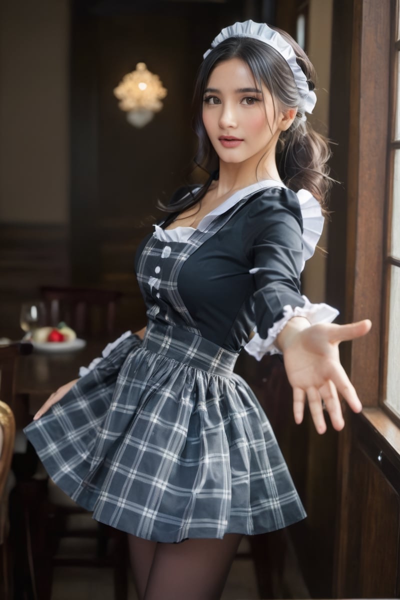 8k, 35mm photograph, masterpiece, high resolution, high detailed, a woman in a sexy maid outfit reaching out to camera, hand model, 5 fingers model, palm of the hand, slender, proporsional body, beautiful female skin, black-hair pretty face, gorgeous maid, breasts covered and nsfw, photo of the girl, gh3a